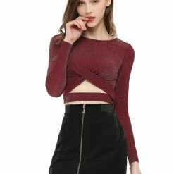Women Allegra K Long Sleeve Crew Neck Cut Out Glitter Cross Crop Tops