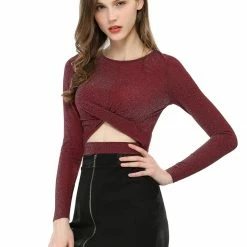 Women Allegra K Long Sleeve Crew Neck Cut Out Glitter Cross Crop Tops