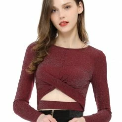Women Allegra K Long Sleeve Crew Neck Cut Out Glitter Cross Crop Tops