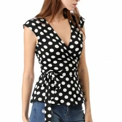 Allegra K V Neck Sleeveless Self Tie Wrap Front Dotted Top