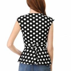 Allegra K V Neck Sleeveless Self Tie Wrap Front Dotted Top