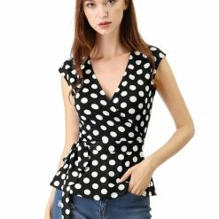 Allegra K V Neck Sleeveless Self Tie Wrap Front Dotted Top