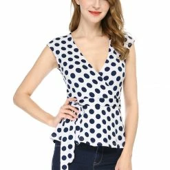 Allegra K V Neck Sleeveless Self Tie Wrap Front Dotted Top
