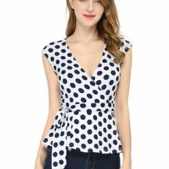 Allegra K V Neck Sleeveless Self Tie Wrap Front Dotted Top