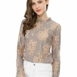 Allegra K Women‘s Chroect Lace See Through Floral Color Block Blouse
