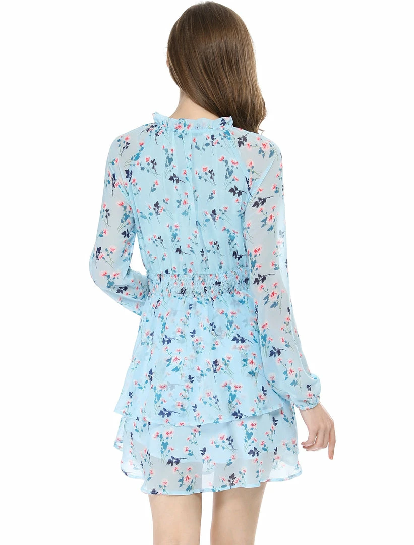 Allegra K Floral Printed Ruffled Tie V Neck Smocked Waist Dress 56 Allegra K Floral Printed Ruffled Tie V Neck Smocked Waist Dress