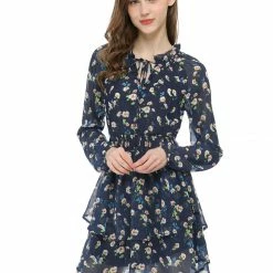 Allegra K Floral Printed Ruffled Tie V Neck Smocked Waist Dress 162 Allegra K Floral Printed Ruffled Tie V Neck Smocked Waist Dress