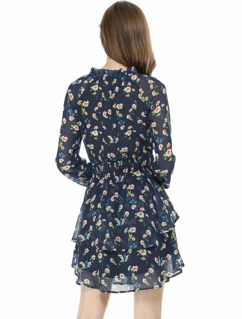 Allegra K Floral Printed Ruffled Tie V Neck Smocked Waist Dress 80 Allegra K Floral Printed Ruffled Tie V Neck Smocked Waist Dress