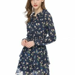 Allegra K Floral Printed Ruffled Tie V Neck Smocked Waist Dress 160 Allegra K Floral Printed Ruffled Tie V Neck Smocked Waist Dress
