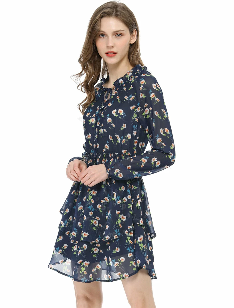 Allegra K Floral Printed Ruffled Tie V Neck Smocked Waist Dress 76 Allegra K Floral Printed Ruffled Tie V Neck Smocked Waist Dress