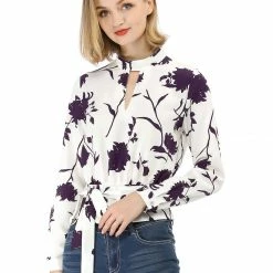 Allegra K Choker V Neck Tie Waist Floral Long Sleeves Tops
