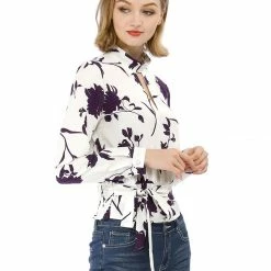 Allegra K Choker V Neck Tie Waist Floral Long Sleeves Tops