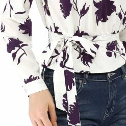 Allegra K Choker V Neck Tie Waist Floral Long Sleeves Tops