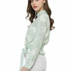 Allegra K Choker V Neck Tie Waist Floral Long Sleeves Tops