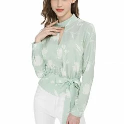 Allegra K Choker V Neck Tie Waist Floral Long Sleeves Tops