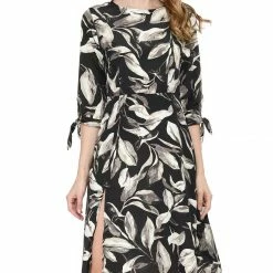 Allegra K Floral Tie Sleeves Side Slit Chiffon Dress