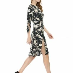 Allegra K Floral Tie Sleeves Side Slit Chiffon Dress