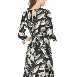 Allegra K Floral Tie Sleeves Side Slit Chiffon Dress