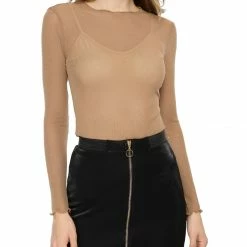 Allegra K Long Sleeve Ruffles Mesh Tops With Spaghetti Strap Camisole