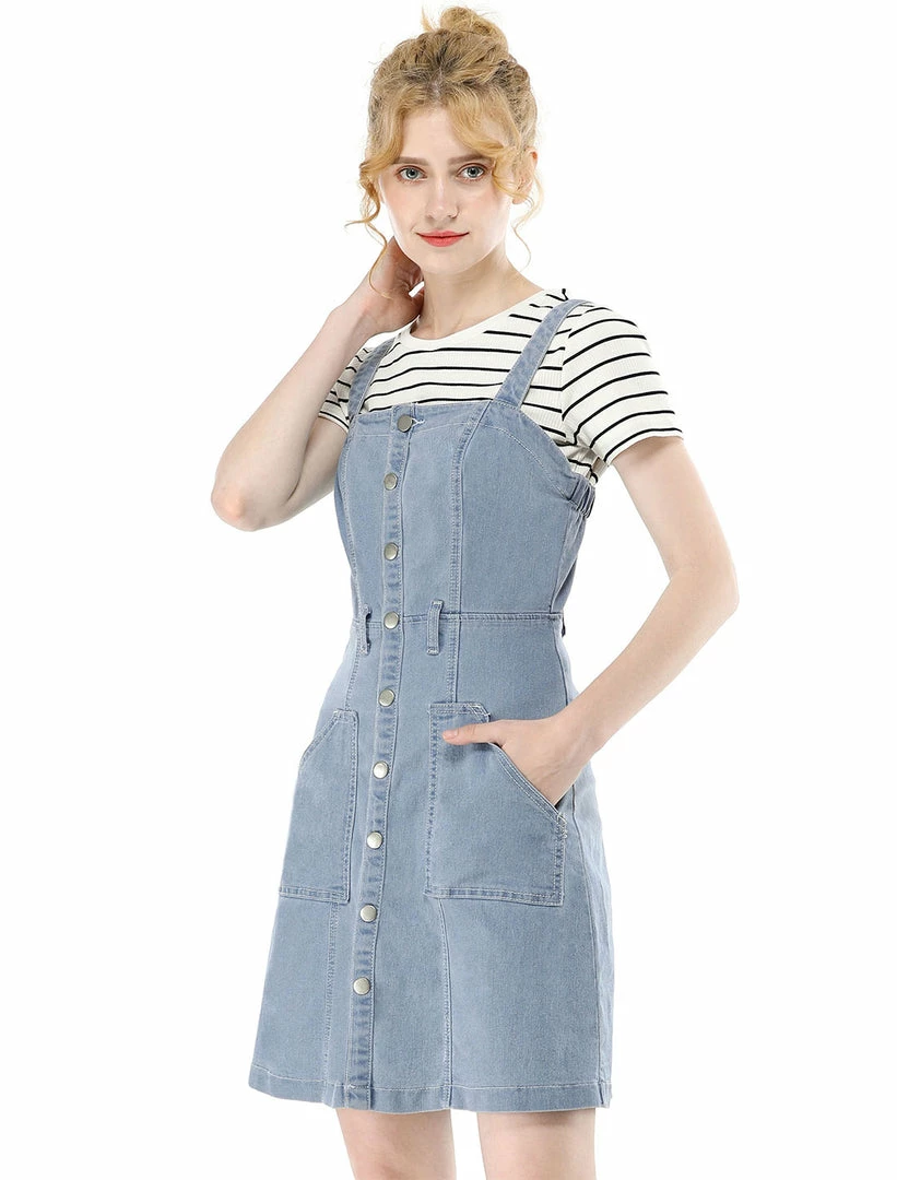 Women Allegra K Classic Adjustable Strap A-Line Overall Denim Dress 34 Women Allegra K Classic Adjustable Strap A-Line Overall Denim Dress