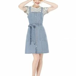 Women Allegra K Classic Adjustable Strap A-Line Overall Denim Dress 82 Women Allegra K Classic Adjustable Strap A-Line Overall Denim Dress