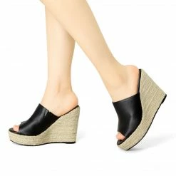 Allegra K Women Open Toe Espadrille Wedge Heel Platform Mules