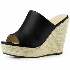 Allegra K Women Open Toe Espadrille Wedge Heel Platform Mules