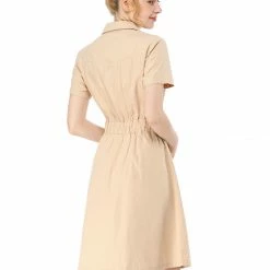 Allegra K Button Up Elastic Waist Dress With Pocket