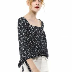 Allegra K Women's Tie Cuffs 3/4 Sleeves Square Neck Floral Blouse 53 Allegra K Women's Tie Cuffs 3/4 Sleeves Square Neck Floral Blouse