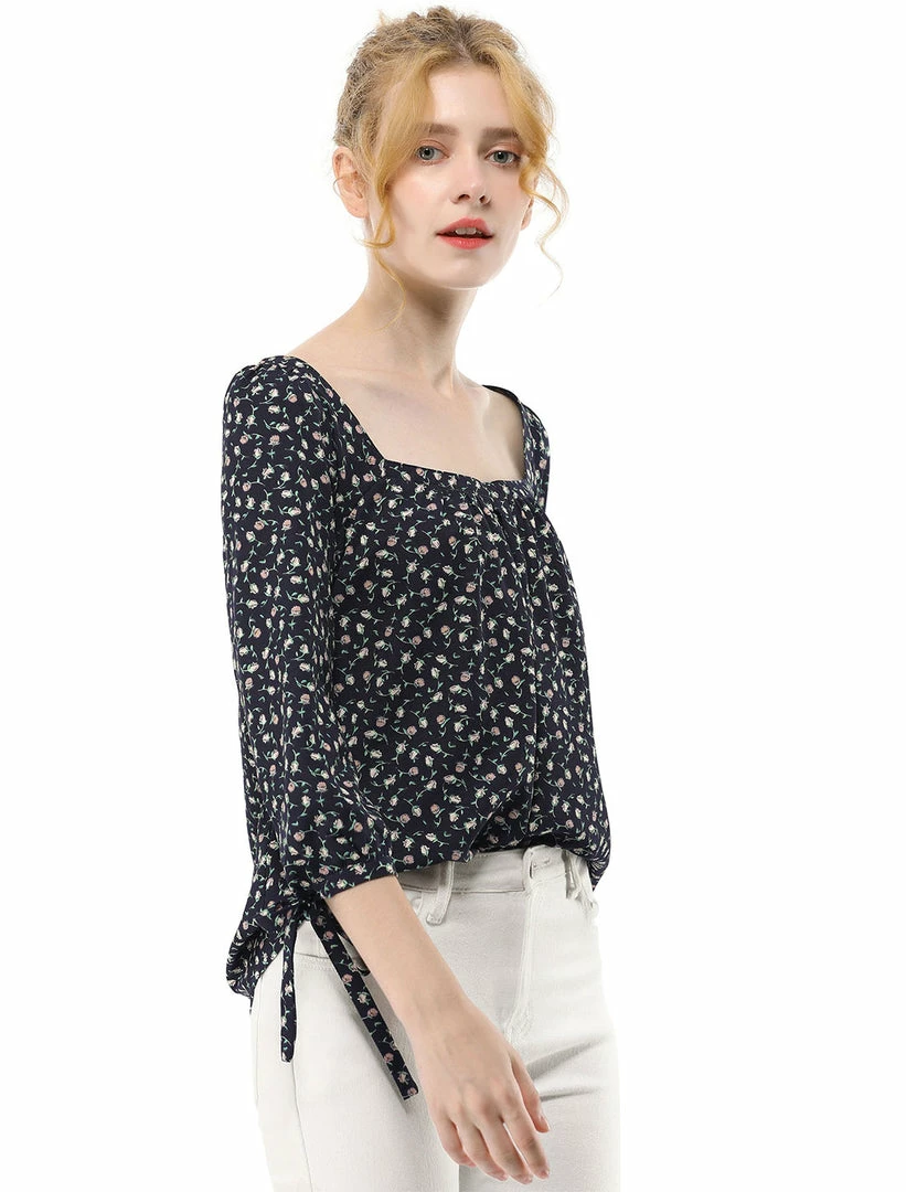 Allegra K Women's Tie Cuffs 3/4 Sleeves Square Neck Floral Blouse 23 Allegra K Women's Tie Cuffs 3/4 Sleeves Square Neck Floral Blouse