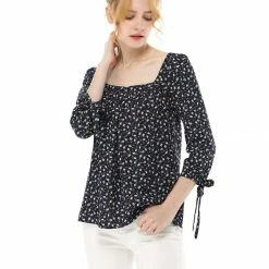 Allegra K Women's Tie Cuffs 3/4 Sleeves Square Neck Floral Blouse 55 Allegra K Women's Tie Cuffs 3/4 Sleeves Square Neck Floral Blouse