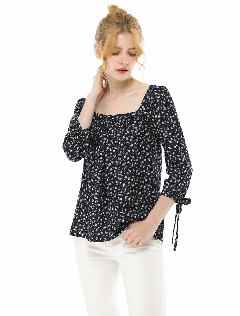 Allegra K Women's Tie Cuffs 3/4 Sleeves Square Neck Floral Blouse 25 Allegra K Women's Tie Cuffs 3/4 Sleeves Square Neck Floral Blouse