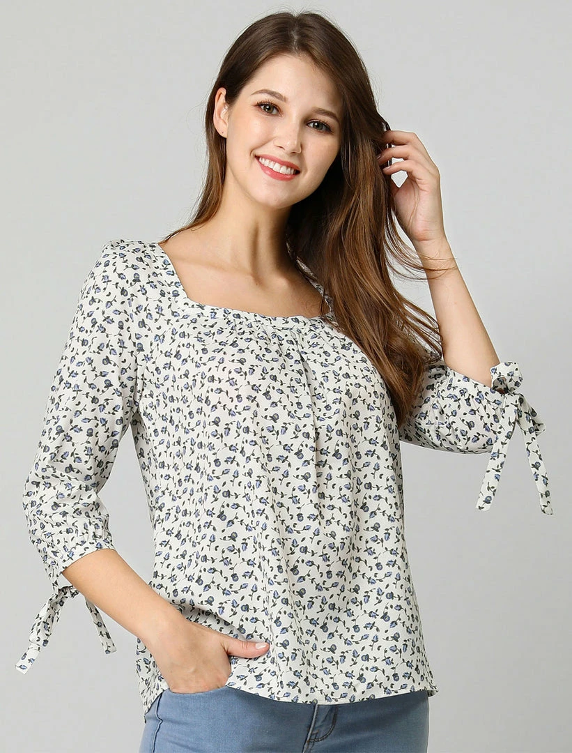 Allegra K Women's Tie Cuffs 3/4 Sleeves Square Neck Floral Blouse 17 Allegra K Women's Tie Cuffs 3/4 Sleeves Square Neck Floral Blouse