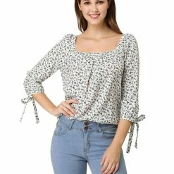 Allegra K Women's Tie Cuffs 3/4 Sleeves Square Neck Floral Blouse 48 Allegra K Women's Tie Cuffs 3/4 Sleeves Square Neck Floral Blouse