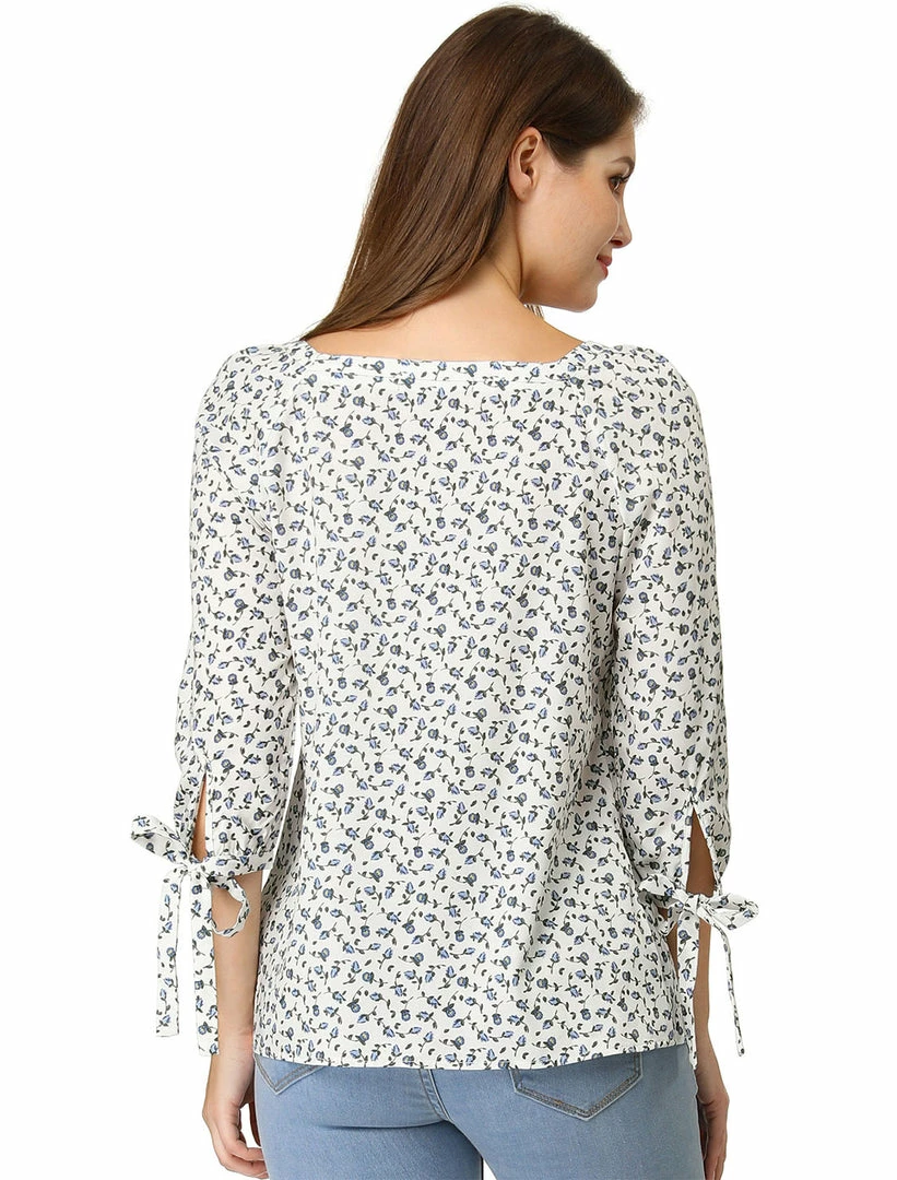 Allegra K Women's Tie Cuffs 3/4 Sleeves Square Neck Floral Blouse 20 Allegra K Women's Tie Cuffs 3/4 Sleeves Square Neck Floral Blouse
