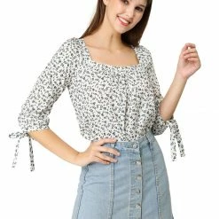 Allegra K Women's Tie Cuffs 3/4 Sleeves Square Neck Floral Blouse 46 Allegra K Women's Tie Cuffs 3/4 Sleeves Square Neck Floral Blouse