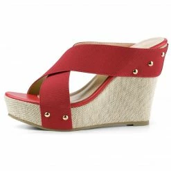 Allegra K Dys3308-3 Women Open Toe Linen Platform Slide Wedge Sandals Shoes