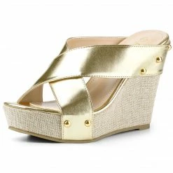 Allegra K Dys3308-3 Women Open Toe Linen Platform Slide Wedge Sandals Shoes