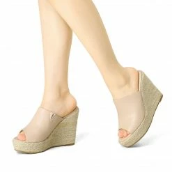 Allegra K Women Open Toe Espadrille Wedge Heel Platform Mules