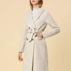 Allegra K Wool-Blend Shawl Collar Double Breasted Overcoat With Flap Pockets