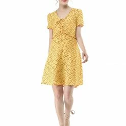 Allegra K Floral Bow Tie V Neck Shorts Sleeves Ruffle Dress Women