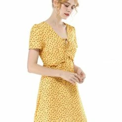 Allegra K Floral Bow Tie V Neck Shorts Sleeves Ruffle Dress Women