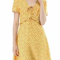 Allegra K Floral Bow Tie V Neck Shorts Sleeves Ruffle Dress Women