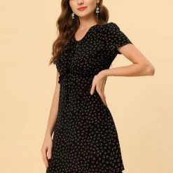 Allegra K Floral Bow Tie V Neck Shorts Sleeves Ruffle Dress Women