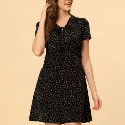 Allegra K Floral Bow Tie V Neck Shorts Sleeves Ruffle Dress Women