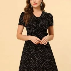 Allegra K Floral Bow Tie V Neck Shorts Sleeves Ruffle Dress Women