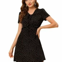 Allegra K Floral Bow Tie V Neck Shorts Sleeves Ruffle Dress Women