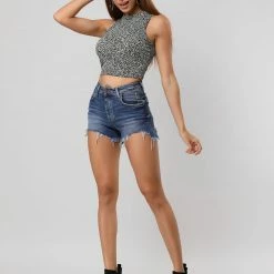 Allegra K Mock Neck Sleeveless Letter Printed Crop Tank Top