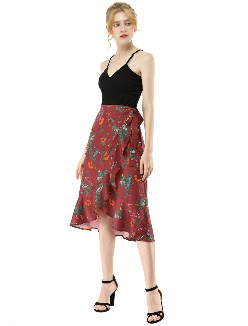 Allegra K Women Ruffle Skirt Tie Waist High Low Floral Wrap Skirt 18 Allegra K Women Ruffle Skirt Tie Waist High Low Floral Wrap Skirt