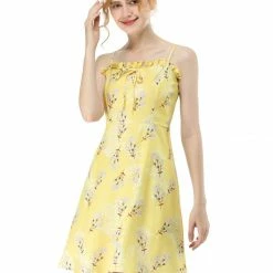 Allegra K Spaghetti Straps Ruffled Square Neck Floral Dress Women